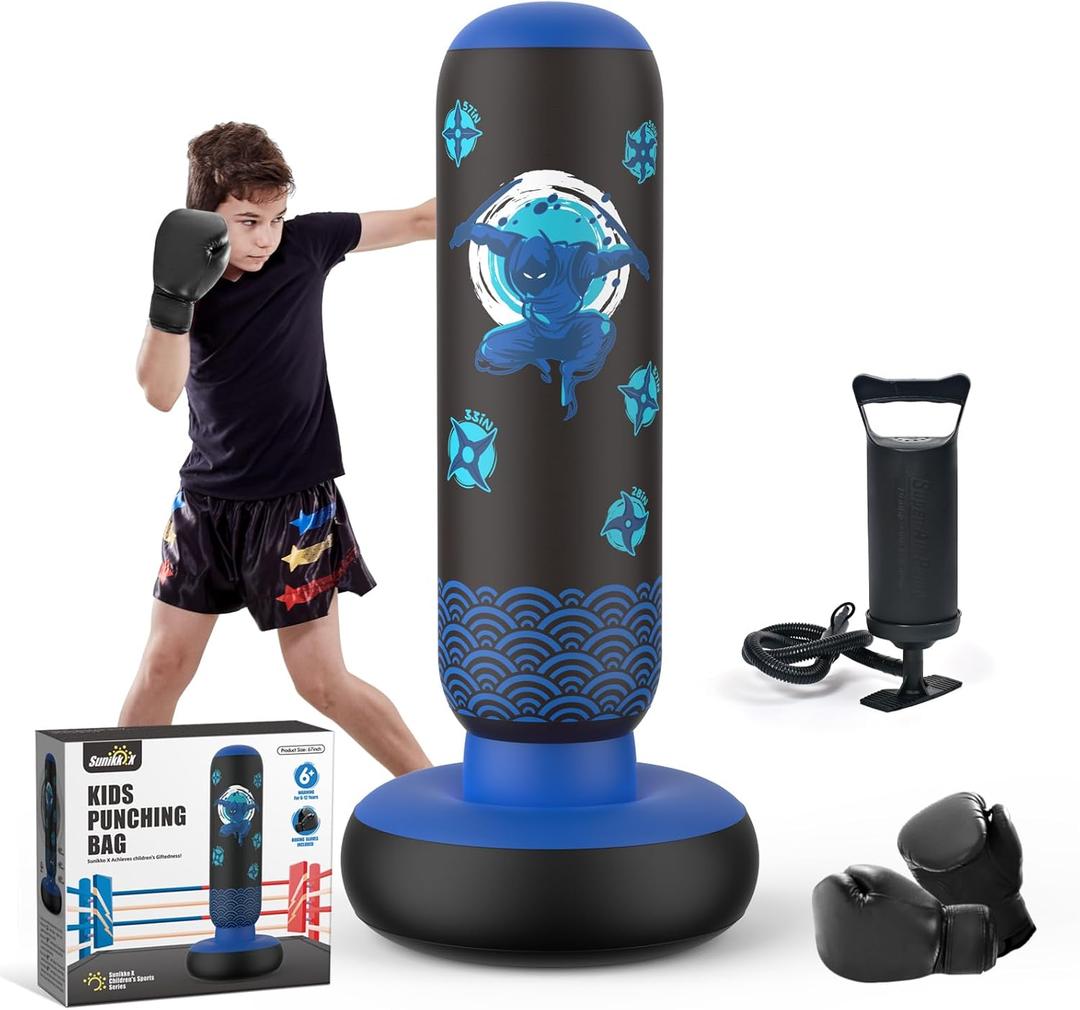 Inflatable Punching Bag for Kids, Tall Larger 66 Inch Stable Boxing Bag for Teens, Ninja Shuriken Toy Gifts for Boys Girls, Boxing Set with Gloves and Pump for Practicing Karate Taekwondo (Navy Blue)