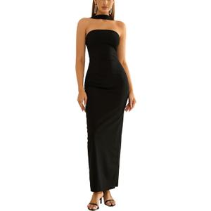 HTZMO Women Elegant Summer Bodycon Maxi Dress Halter Neck Formal Wedding Guest Cocktail Party Long Dresses (Small, Black)