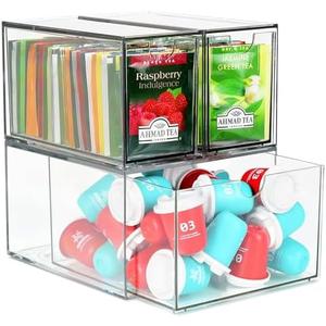 3 Tea and Coffee Organizer and Storage, Acrylic Tea Bag Holder Organizer, Plastic K Cup Drawer Container for Cabinet
