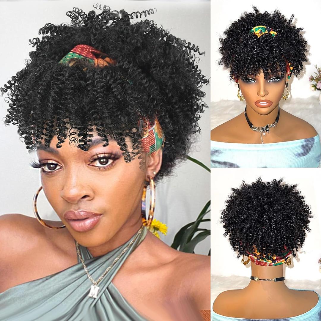 Black Afro Headband Wig Kinky Curly Headband Wig with Bangs Head-Wrap Wigs 2 in 1 Afro Puff Wig With Bangs for Women Synthetic Half Wigs (Yellow Huabu-Black)