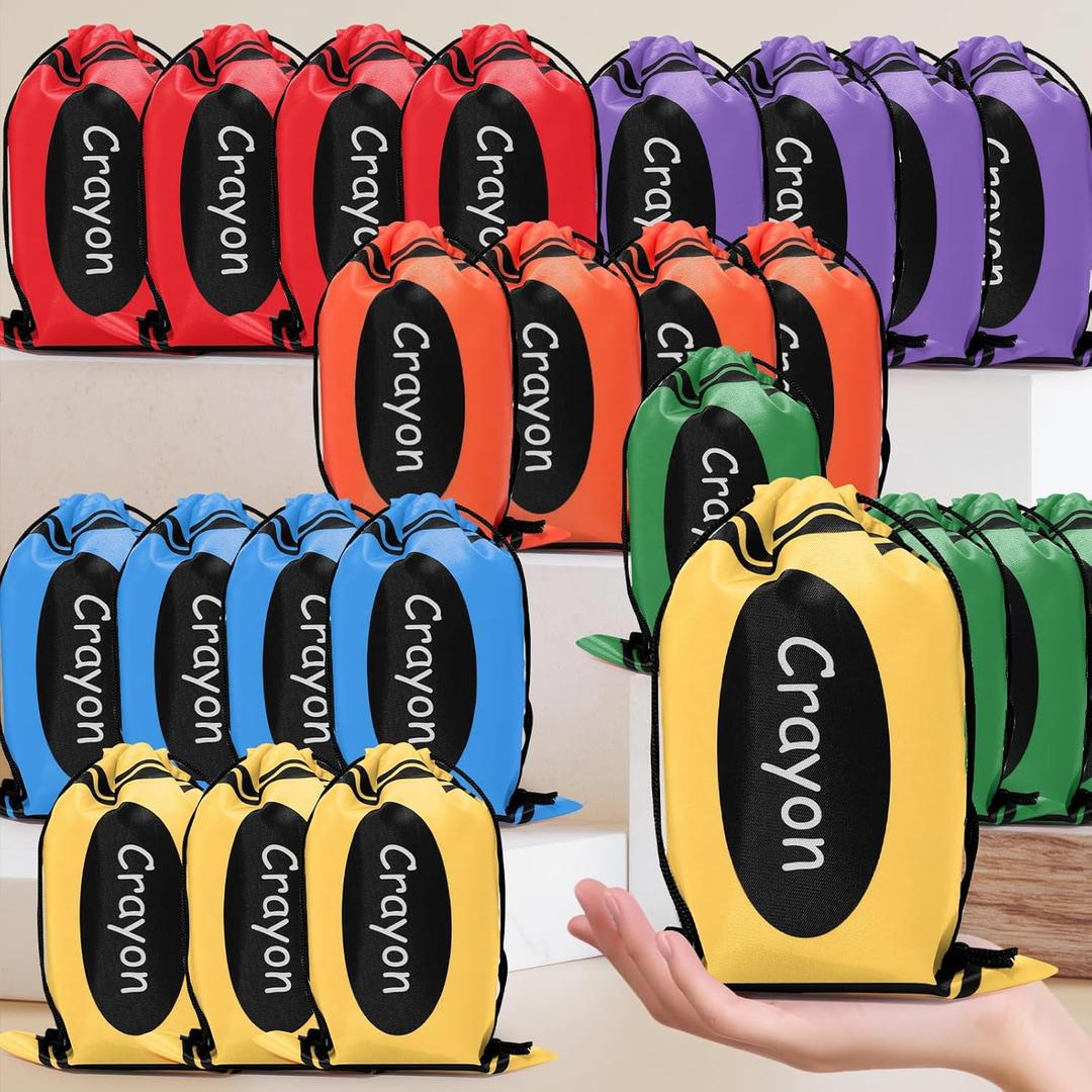 2 x pynogeez 24 Pcs Drawstring Gift Bags 10 X 7 Inch Back to School 6 Colors Rainbow Reusable Crayon Drawstring Bags Preschool Graduation Gift Decorations Bulk