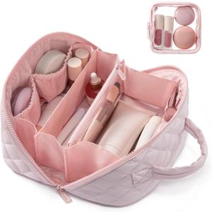 LOVEVOOK Travel Makeup Bag for Women, 2Pcs Set Puffer Waterproof Cosmetic Organizer, Large Capacity Pouch Open Flat Toiletry Bag with Divider & Handle, Portable Gift for Her, Pink