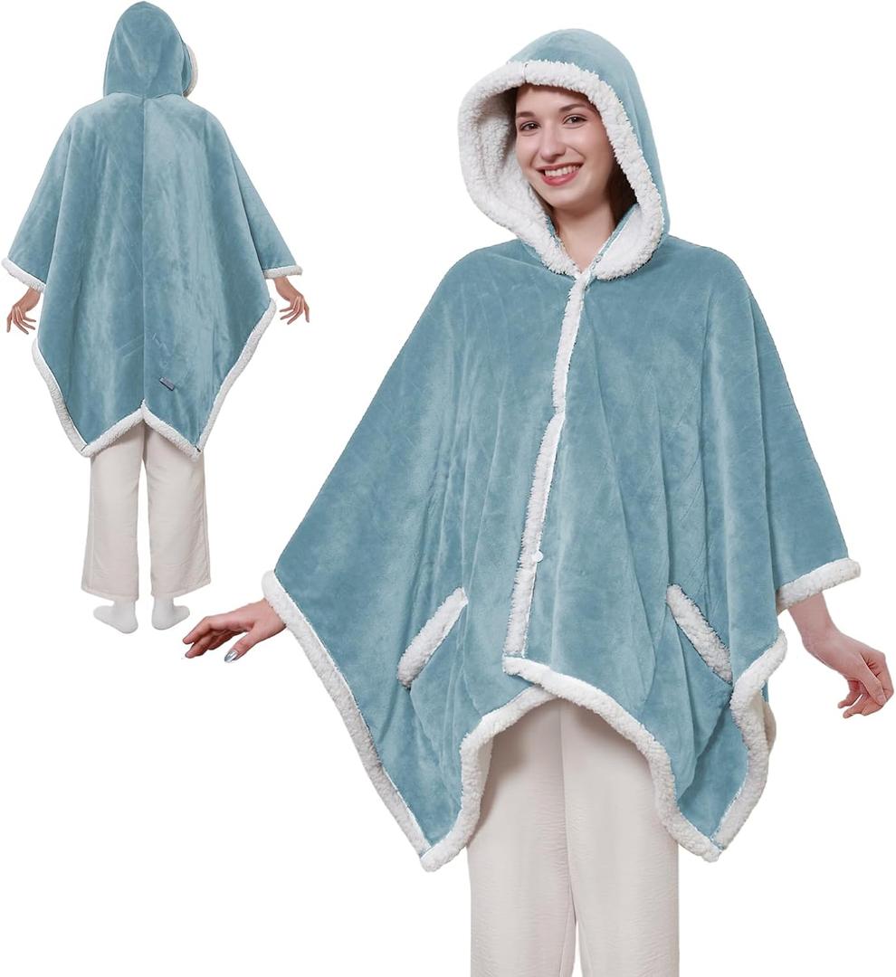 Sealy Electric Blanket Wearable with Foot Pocket, Electric Snuggle Blanket with Sleeves, Flannel & Sherpa Heating Throw with 6 Heat Settings & 2-10 Hours Auto Shut Off, 50 * 70"+18", Light Blue