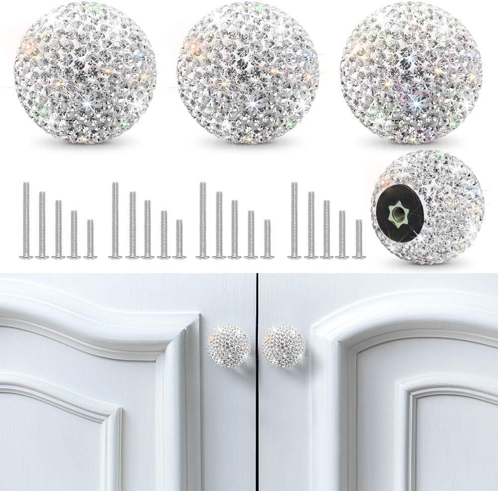 Soleebee 4 Pcs Bling Drawer Knobs,Decoration Dresser Cupboard Knobs,Bling Crystal Rhinestone Cabinet knobs,Round Pull Handle with Screws for Home Kitchen Bathroom Office (White)