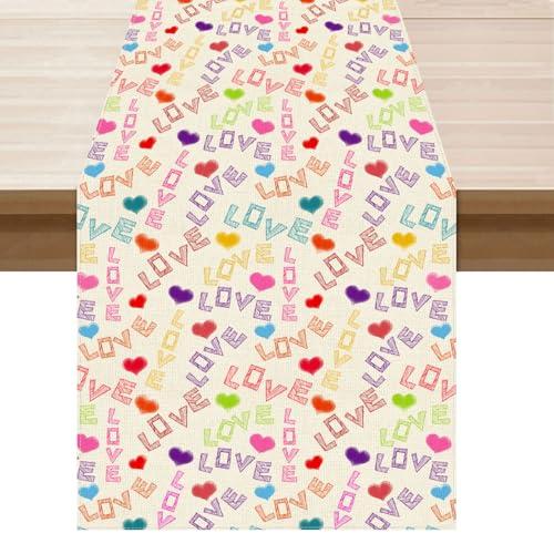 XCHI Colorful Love Hearts Valentine's Day Table Runner Table Decoration for Party Home Kitchen Dining Holiday Decor 13x60 Inch
