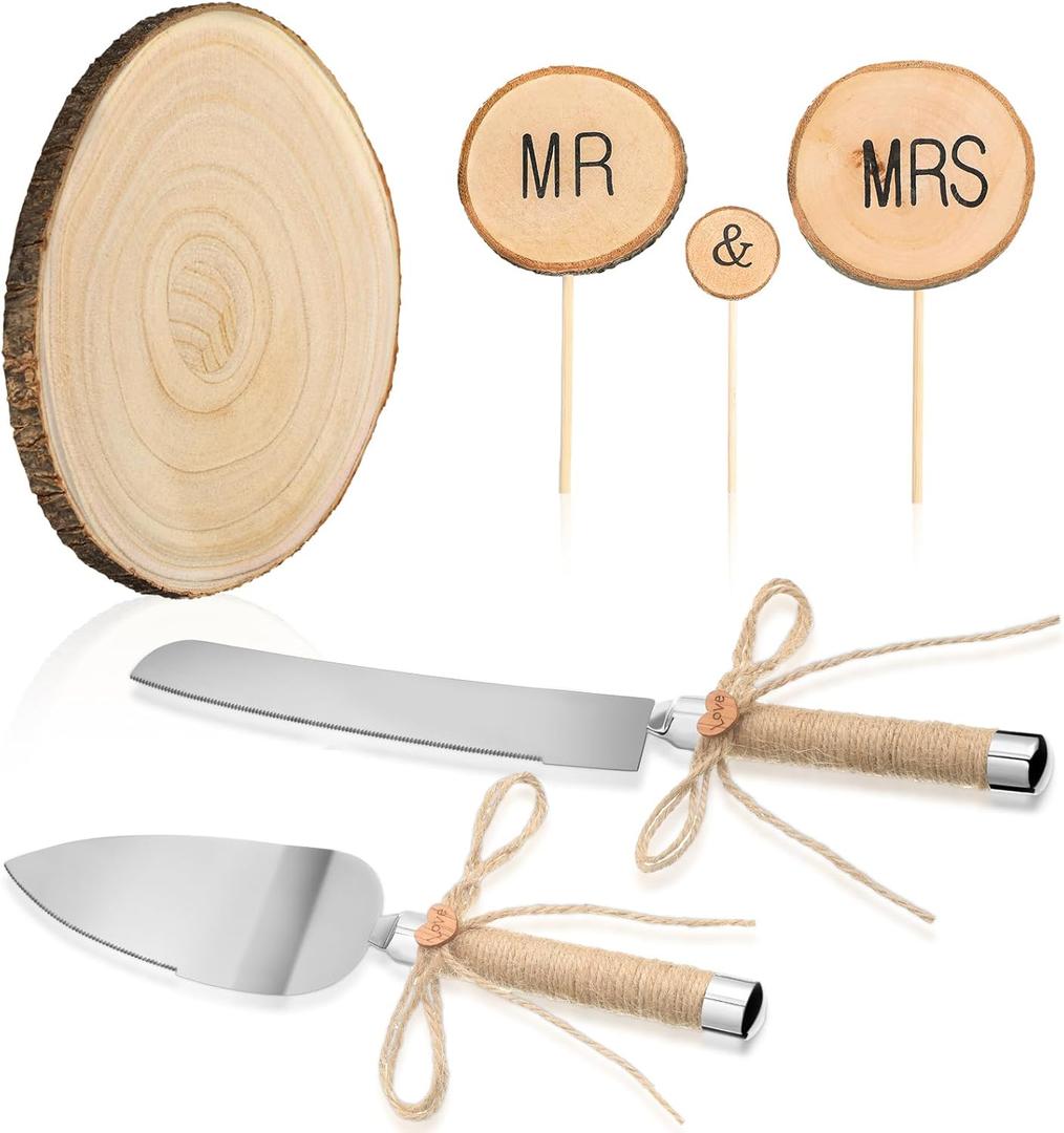 Beeveer 6 Pcs Cake Topper Knife Server Wooden Slice Set Rustic Wedding Decorations Mr and Mrs Cake Topper Table Decor for Bride Groom Valentines Day Glasses Anniversaries Centerpieces