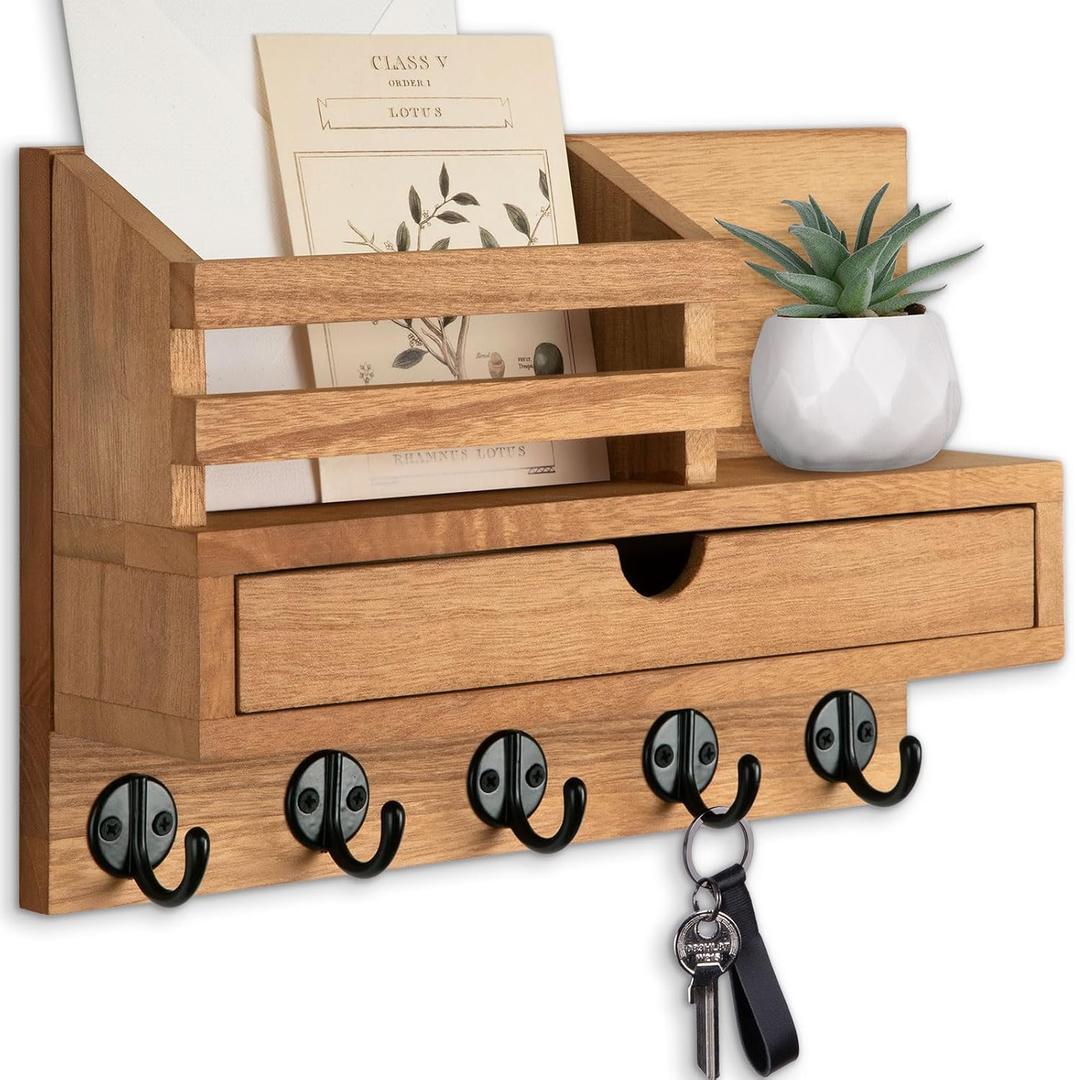 Key Holder Wall Mount, Mail Holder with Storage Drawer and 5 Key Hooks for Coat, Dog Leash, Home Decor Rack, House Accessories, Entry Way Organizer (Wood) (Standard - 11.8 Inch)