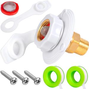 RV Water Inlet Connection City Water Fill Inlet Flange Brass with Check Valve, 3/ 4 NH Female to 1/ 2 NPT Male RV City Water Inlet, Lead-free Brass RV Fresh Water Inlet with Dust Plug for RV Camper(White)