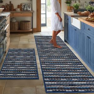 Kitchen Rugs Sets of 2-Non Slip Kitchen Mats for Floor-Thick Stain Resistant Vintage Kitchen Floor Mat Runner Carpet for Hallways Entryway Laundry Room Washable, Navy Blue 22"x59"+20"x32"