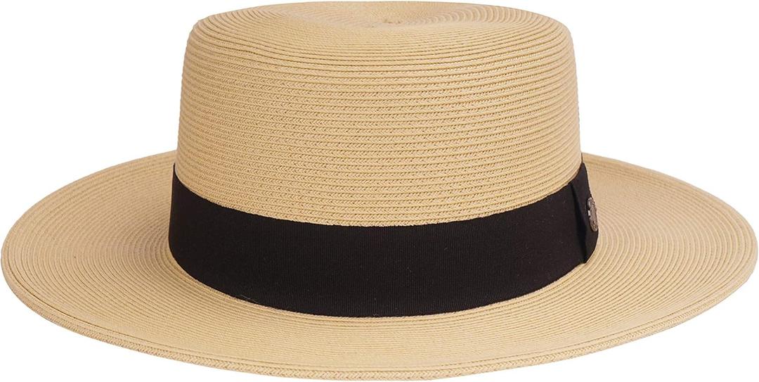 Pineapple&Star Deor Boater Straw Sun Hat Beach Fine Braid UPF50+ for Women Men (Medium, Beige_bk)