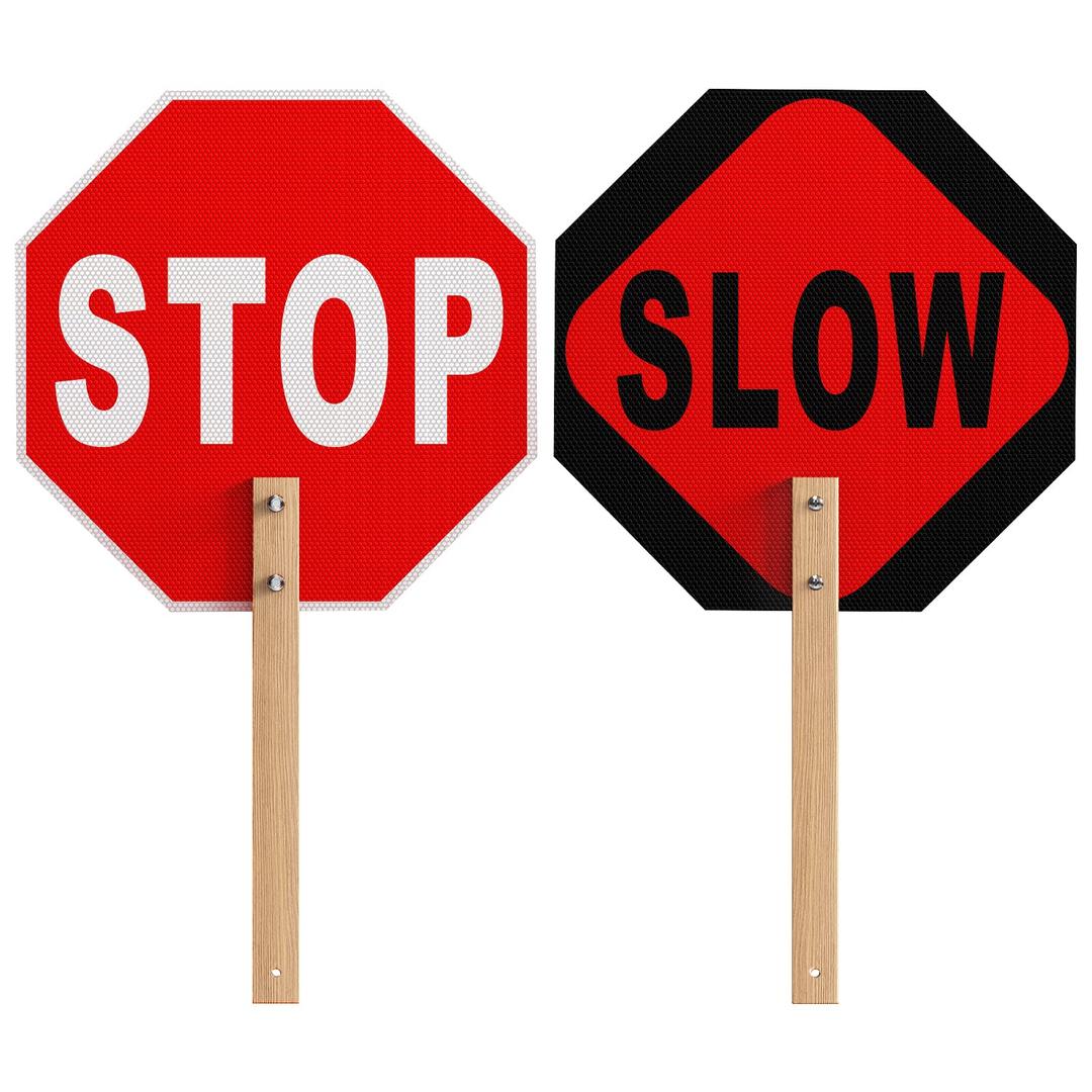 Stop Slow Sign, Double Sided Street Slow Warning Reflective Signs, 13x13 inch Octagon Rust Free Aluminum, with Bamboo Handle, UV Protected and Waterproof, Weather Resistant, Durable Ink, Easy to Mount
