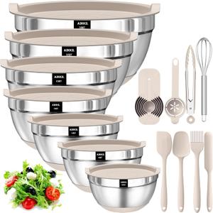 AIKKIL Mixing Bowls with Airtight Lids, 20 piece Stainless Steel Metal Nesting Bowls, NonSlip Silicone Bottom, Size 7, 3.5, 2.5, 2.0,1.5, 1,0.67QT Great for Mixing, Baking, Serving (Khaki)