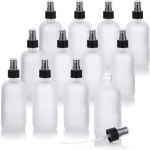 JUVITUS (12 pack) 8 oz Frosted Clear Glass Boston Round Bottle with Black Fine Mist Sprayer