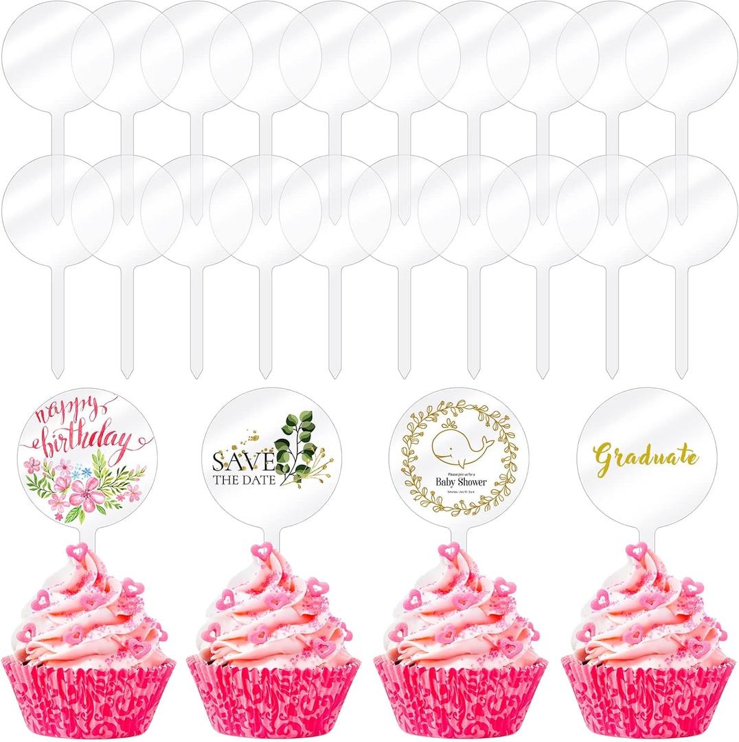 Chunful 30 Pack 2 Inch Circle Acrylic Custom Cupcake Topper, DIY Clear Blank Cake Personalized Cupcake Topper with Sticks for Birthday Party, Easter, Wedding, Baby Shower Cake Decoration