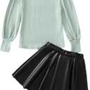 Girls Skirt Sets 2 Piece Outfits Long Sleeve Puff Mock Neck Tops and Plaid Skirts Fall Winter Clothes Size 6-14Y (Green)