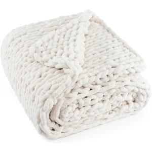 Chunky Knit Throw Blanket 50"X 60", 100% Handmade with Soft Chenille Yarn, 4.4lbs Thick Cable Knitted Blankets, Large Rope Knot Crochet Throws for Couch Sofa Bed Home Decor, Cream White