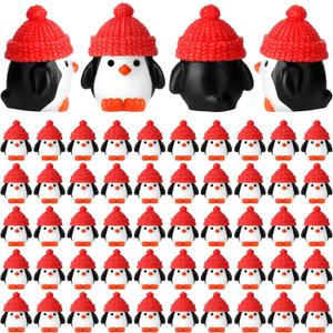 Soulchen 50 Pcs Winter Mini Penguin Figurines Small Resin Penguin with Red Hat Tiny Animal Statue Cake Topper Birthday Decorations for Christmas Micro Landscape Party Supplies Doll House DIY Craft