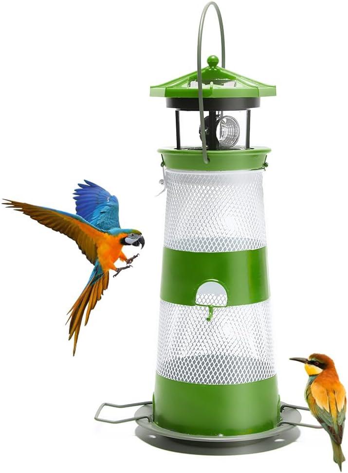 Solar Bird Feeder Lighthouse Hanging Outdoor Birdfeeder Garden Lantern Waterproof LED Lights Backyard Dcor Patio Gifts for Bird Lovers (B-Lighthouse, Green)