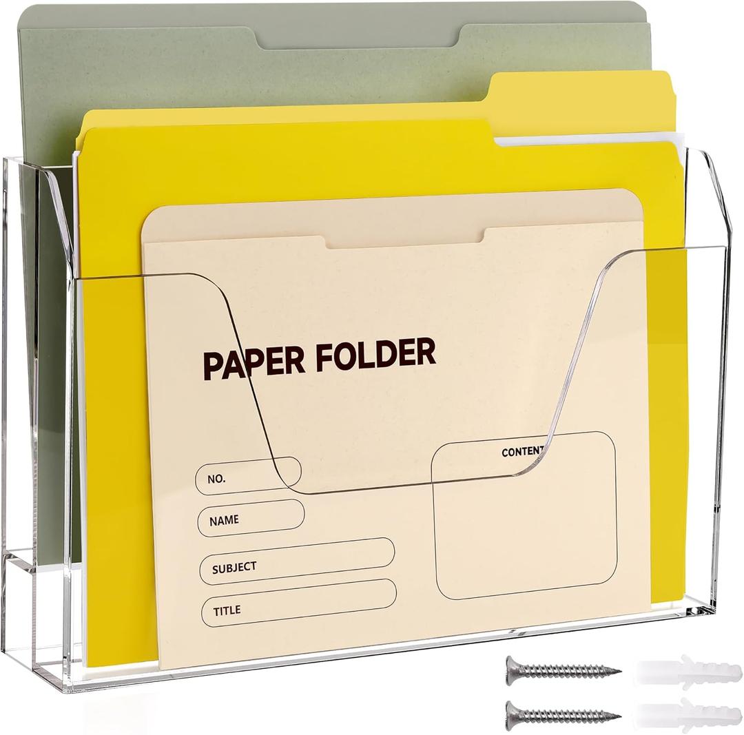 DINGHUO Wall Hanging File Organizer, Acrylic Mail Organizer wall mounted File Holder, Clear 2 Tier Folder Paper Document Magazine Rack for Desk Office School Home - 1 Pack