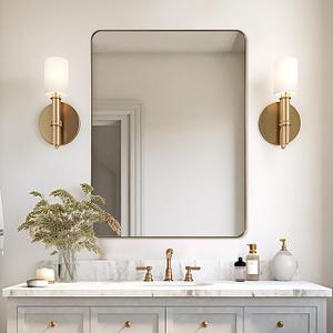 Andy Star Gold Bathroom Mirror,22x30'' Brushed Brass Metal Frame Rounded Corner Wall Mirror,Rectangle Wall Mounted Mirror Glass Panel Hangs Horizontal or Vertical for Bathroom,Vanity,Washroom