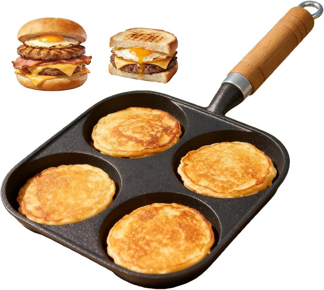 Cast Iron 4-Cup Egg Pan, Small Omelette Pan, Fast Breakfast Pan for Fried Eggs, Pancakes, Sandwich, & Burger, Suitable for Gas Stove and Induction Cooktop, Natural Nonstick with Seasoning, 6.6 inch