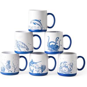 AmorArc Large Coffee Mugs Set of 6, 18oz Ceramic Coffee Cups with Sea Life Textured Patterns for Tea Latte Cocoa. Easy to Hold&Clean, Dishwasher&Microwave Safe, Matt White