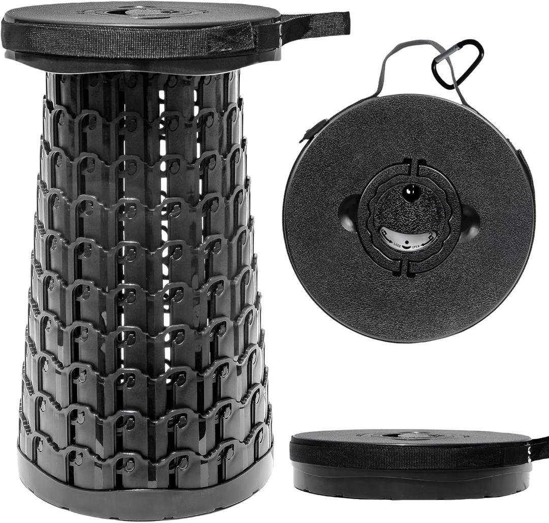 ALEVMOOM 2025 18" H Collapsible Stool with Cushion, Capacity 800lbs Portable Stools for Adults Heavy Duty, Adjustable Height Telescoping Folding Stool, for Outdoor Camping Travel Hiking Fishing (Black)