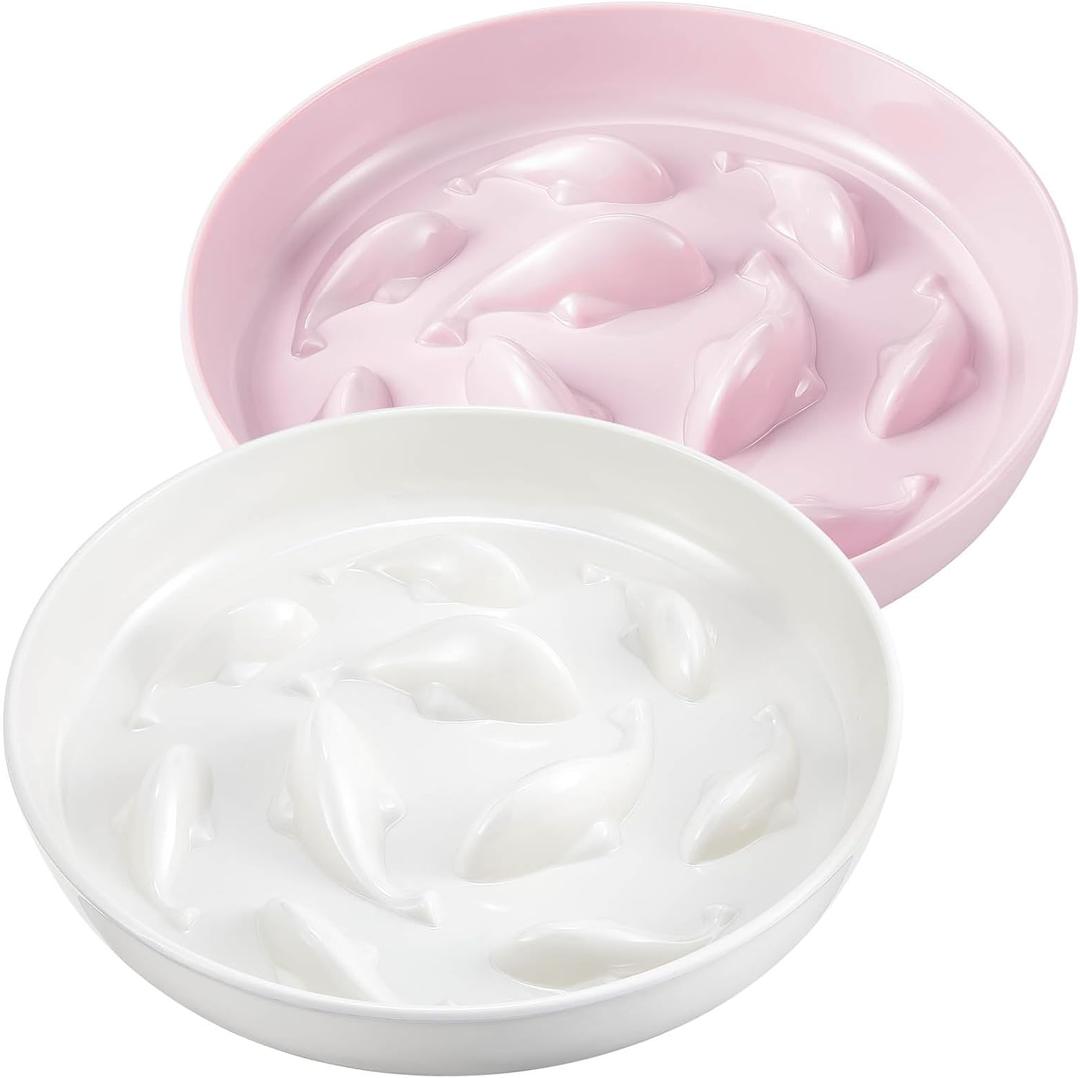 Nitial 2 Pcs Cat Slow Feeder Bowl Fish Pool Design Feeder Dish Fun Interactive Cat Food Bowl Healthy Eating Diet Bowls for Pet Puppy Dogs Dishwasher Safe(White, Pink)