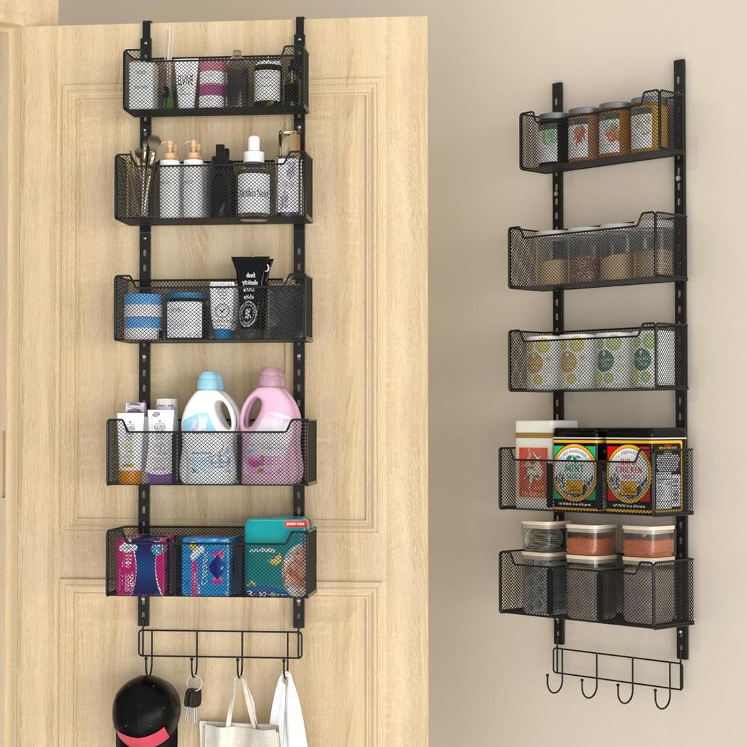 VyGrow Over The Door Organizer, Metal Door Organizer Hanging with 5 Adjustable Baskets and Coat Hook, Behind The Door Storage for Bedroom Closet Bathroom Pantry Cabinet Kitchen, Black