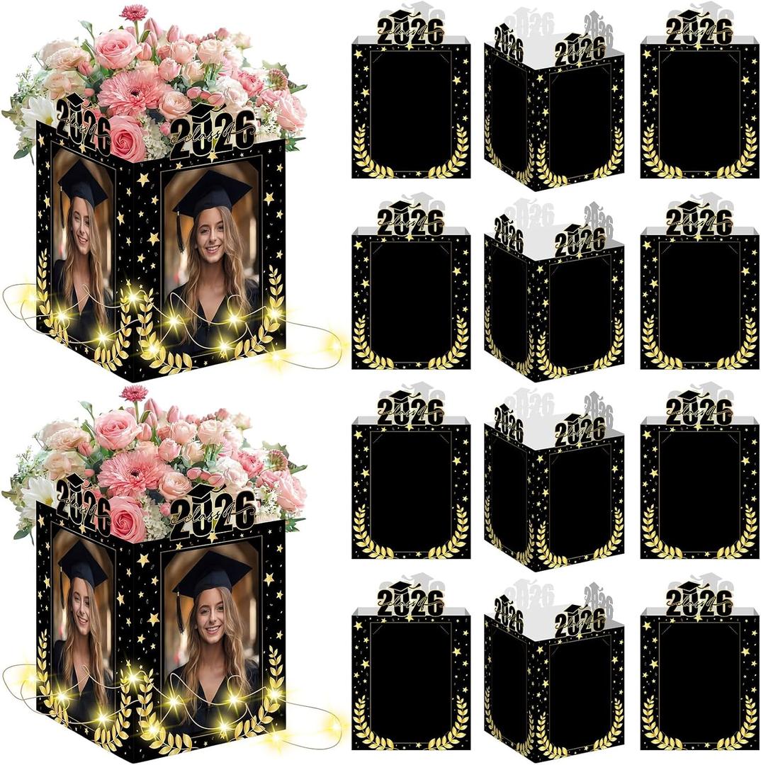 12 Set 2026 Graduation Centerpieces Box for Table Decorations Lighted Photo Display Frame Box 8x6 Inch Picture Frames Display for College Graduate Party Favor Gifts Photo Props(Black,2026)