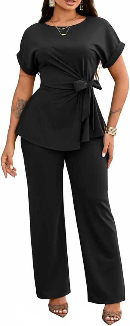 Ekaliy Women's 2 Piece Outfits Short Sleeve Peplum Top Flared Pant Business Suit Set Dressy Pantsuits (Black, XXL)