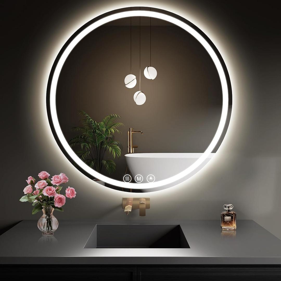 LED Bathroom Mirror 32 Inch Round Bathroom Mirror with Lights, Circle Wall Mirror with 3 Colors Brightness, Anti-Fog for Bathroom Vanity, Entryway Living Room