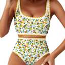 Herseas Women's Bikini Sets Floral Print Whip Stitch 2 Piece Swimsuits High Waisted Scoop Bathing Suits (Lemon)