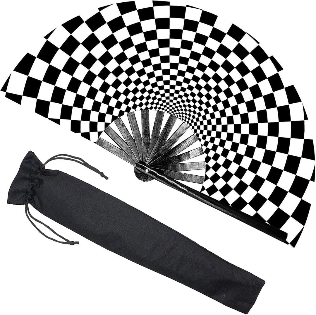 QCWN Large Folding Hand Rave Fan, Boots on The Ground Fan, Clap Fans for Raves, Halloween, Disco Party, Home Decoration, Rainbow Outfits for Women & Festival Accessories (Bla+White)