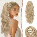 SOFEIYAN Drawstring Ponytail Extension 24 Inch Wavy Curly Clip on Hairpiece Comb Clip in Ponytail Extensions Layered Fluffy Thick Pony Tails Hair Extension Synthetic Hairpieces for Women-Ash Blonde