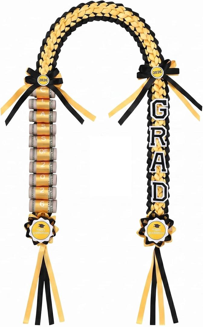 Yinder Graduation Leis 2026 Money Leis with Cash Holder 48 Inch Grad Ribbon Lei Class of 2026 Double Braided Necklace DIY Money Graduation Gift for Congrats Graduates Senior(Black and Gold)