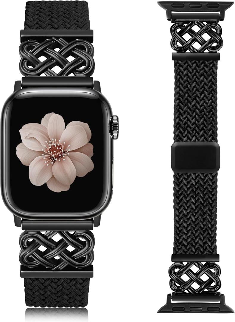 TOYOUTHS Braided Magnetic Band Compatible with Apple Watch Bands 38/40/41/42/44/45/46/49mm Women Men, Dressy Celtic Metal Stretchy Elastic Strap for iWatch Series 11 10 9 8 7 6 5 4 SE/Ultra 3 2 1 (Black/Black)