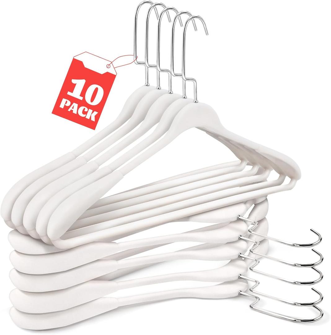 10 Pack Plastic Hangers, Heavy Duty Extra Wide Shoulders White Suit Hangers, Non-Slip 360 Metal Swivel Hook with Pants Bar for Thick Sweaters Jacket(White)