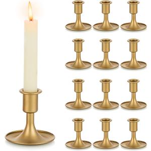 Gold Taper Candle Holder Set of 12, Hewory Short Skinny Brass Candlestick Holders, Vintage Small Low Metal Candles Sticks for Wedding Centerpieces Christmas Birthday Party Holiday Dinning Table Decor