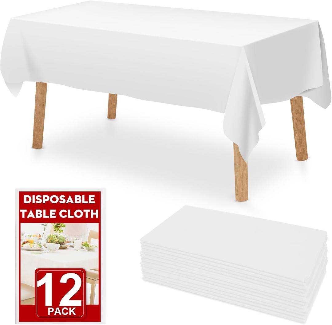 RowinsyDD 12 Pack White Plastic Table Cloths Disposable, 54 x 108 Inches Plastic Table Cover for Rectangle Tables, Disposable Tablecloth for Dinning, Parties, BBQ, Wedding, Outdoor
