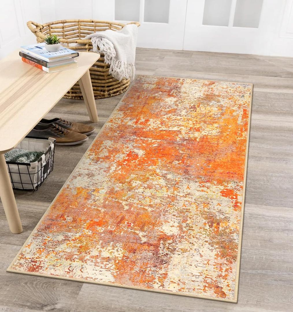 Lahome Modern Abstract Runner Rug - 2x4.3 Washable Kitchen Soft Laundry Room Rugs Bathroom Mat, Contemporary Non Slip Indoor Throw for Entryway Living Room, Yellow/Gold/Cream 2' x 4.3'