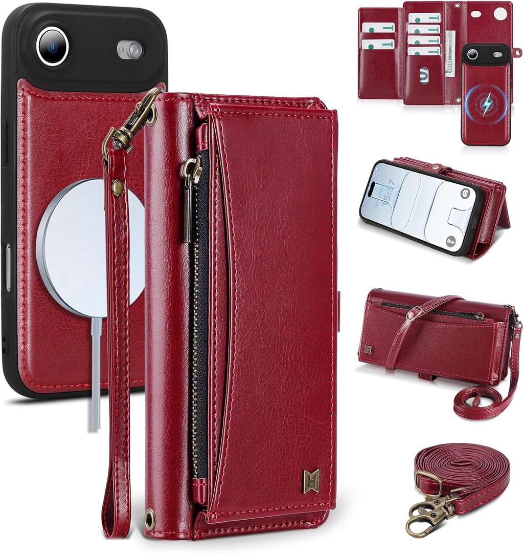 Wallet Case for iPhone Air with Card Holder/Crossbody Wallet/Strap,[RFID Blocking][Magnetic] PU Leather Phone Case for iPhone Air,6.5 in,Wine Red