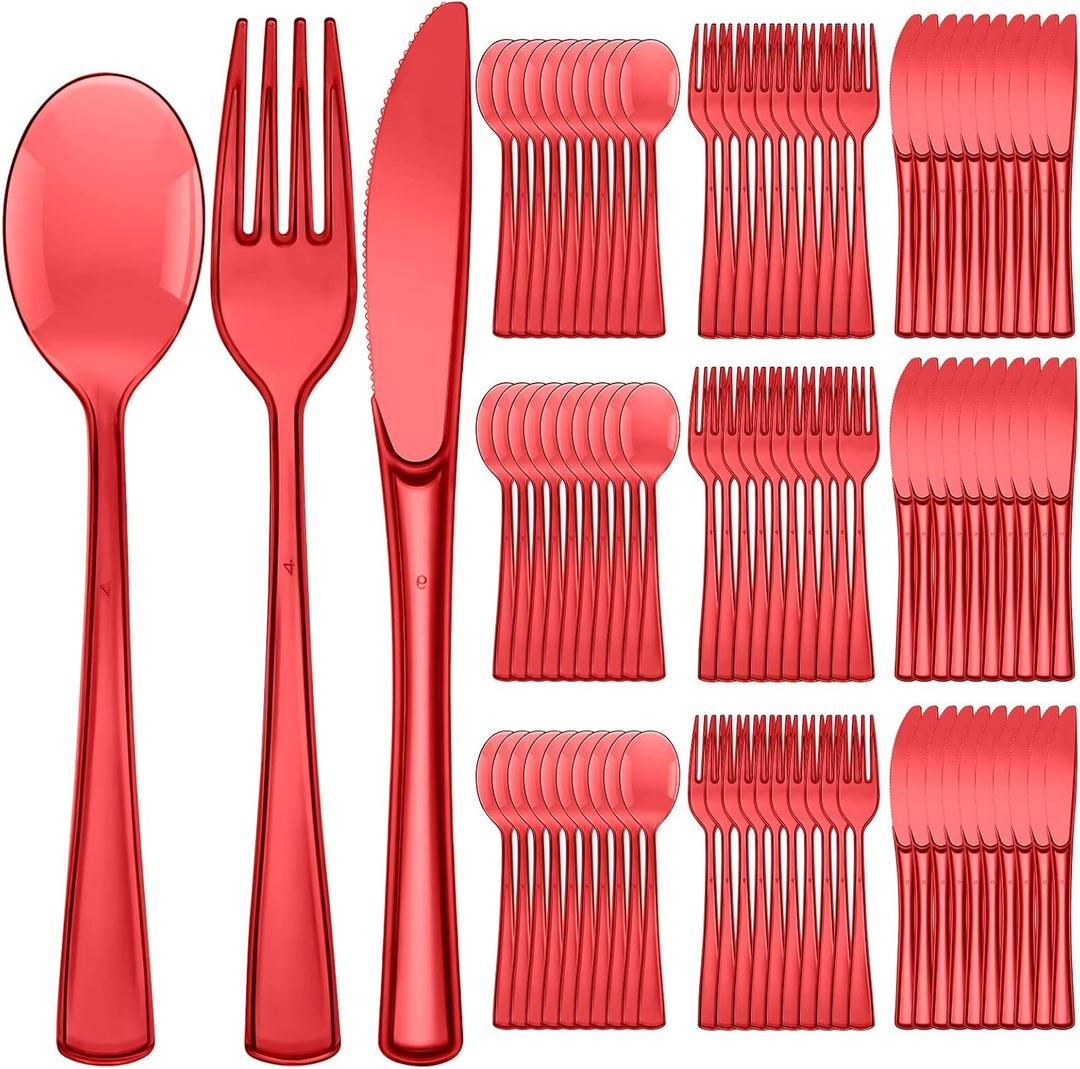 150 Pieces Disposable Cutlery Set Plastic Silverware Heavy Duty Utensil Sets 50 Forks 50 Knives 50 Spoons for Home Office School Party Picnics Restaurant Outdoor Events or Every Day Use (Red)