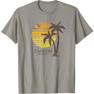 Cancun Mexico Souvenir Beach Sunset Vintage Womens Mens T-Shirt (L, Slate Grey)