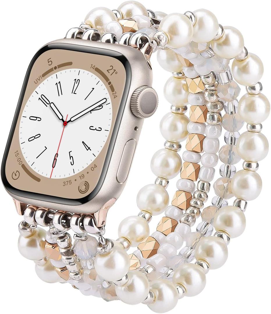VISOOM Beaded Bracelet Compatible for Apple Watch Band 42mm/40mm/38mm/41mm Series 11 10 9 8 7 SE Series 6/5/4 Women Fashion Cute Handmade Pearl Stretchy Watch Strap for iWatch Bands Series 3/2/1