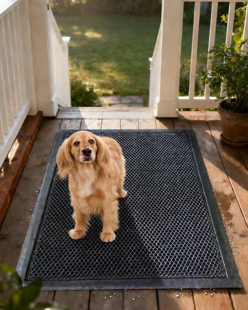Front Door Mat Outside Entrance, 24" x 36" Heavy Duty Rubber Door Mat Non Slip & Waterproof, Outdoor Mat for Patio Garage Entryway, Dirt Trapper Rubber Floor Mats for Outside High Traffic Areas, Black