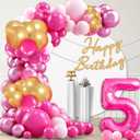 3 x Pink Birthday Balloon Arch Garland Kit - Hot Pink Gold Metallic Pink Balloons Happy Birthday Banner Party Decorations for Girl Princess(5 Years Old)