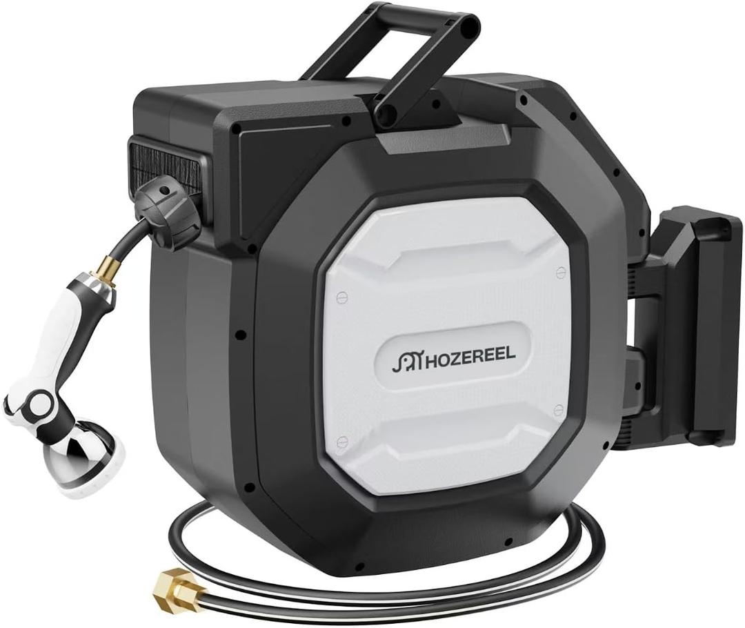 5/8" x 100 ft Heavy Duty Retractable Garden Hose Reel by HOZEREEL, Outdoor Garden Hose Reels - Self Retract Wall Mount Hose Reel Automatic Storage, Any Length Lock, 10 Pattern Nozzle (5/8" 100 FT Black)