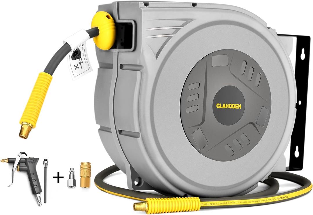 GLAHODEN Enclosed Retractable Air Hose Reel, 3/8 in x 50 Ft Hybrid Hose Air Compressor Hose Reel with 5 Ft Lead in Max 300 PSI Patented Design for Any Length Lock 180Swivel Bracket Quick Coupler