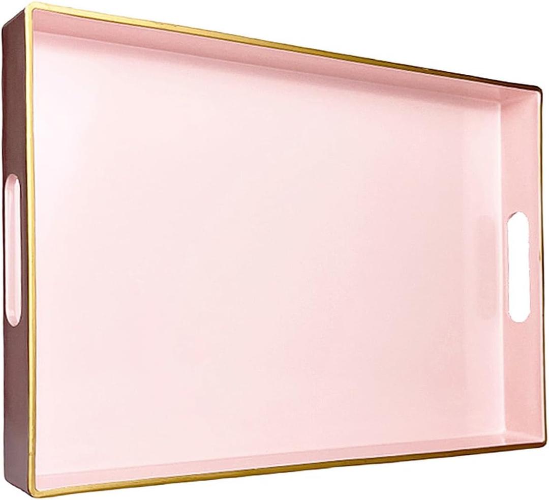 Umisriro Pink Serving Tray with Handles, Rectangular Decorative Tray for Coffee Table, Plastic Ottoman Tray for Living Room, Bathroom, Kitchen Tabletop, 15.6x 10.2x1.37